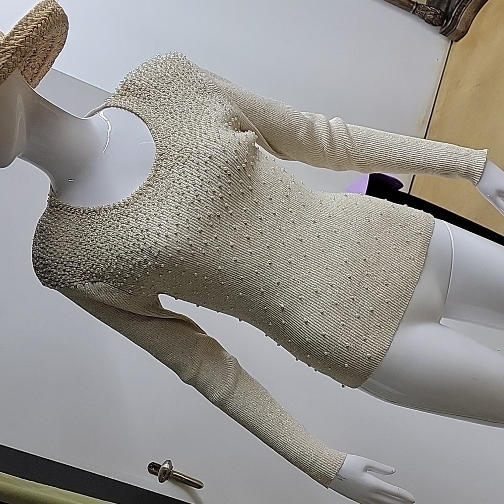 Christine Phillipe Vintage Sweater Gold Metallic Pearls Ribbed Top 90s Y…